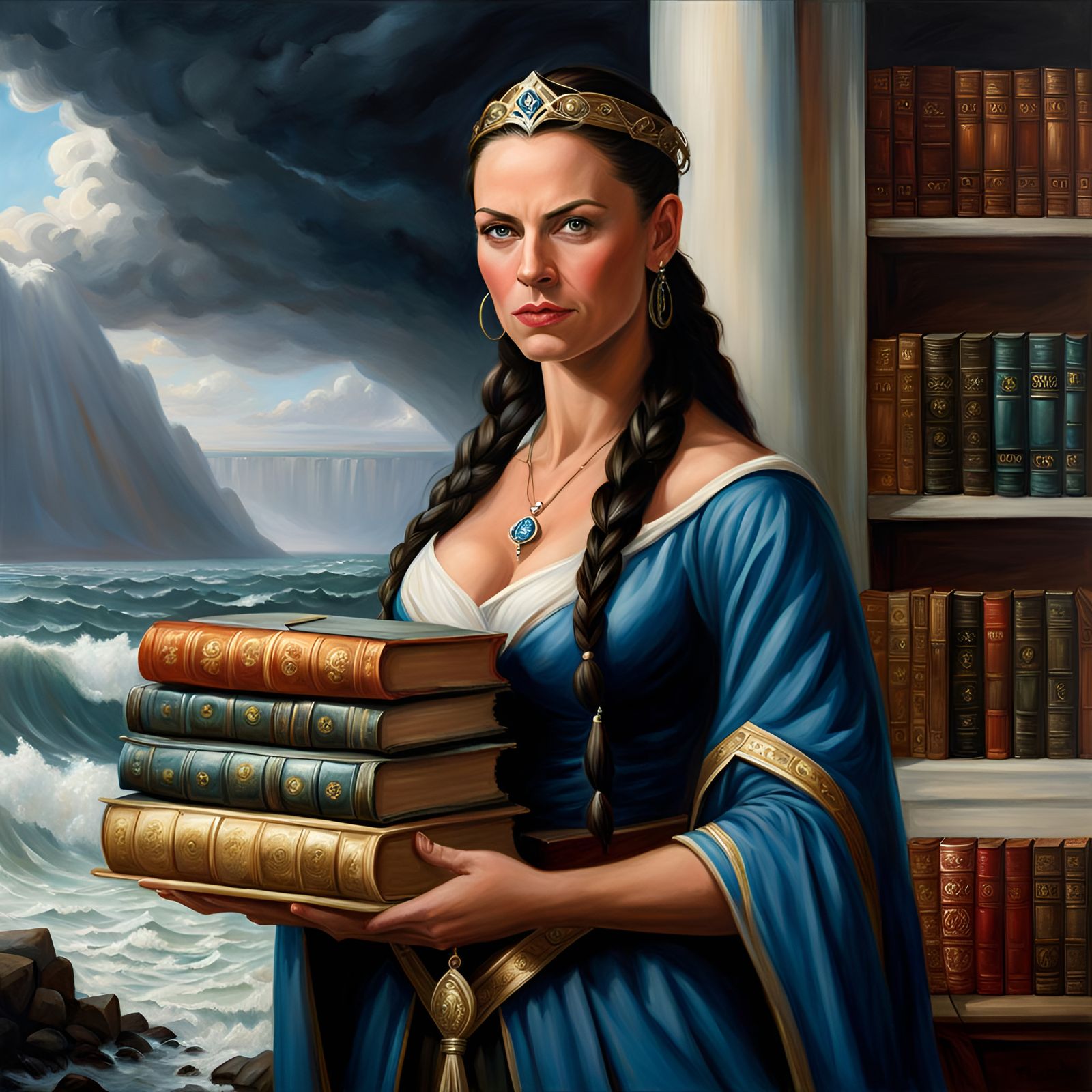Female Mage with Books in Stormy Seas