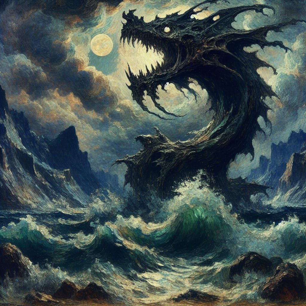Sinister Oceanic Tarasque in Dark Fantasy Seascape