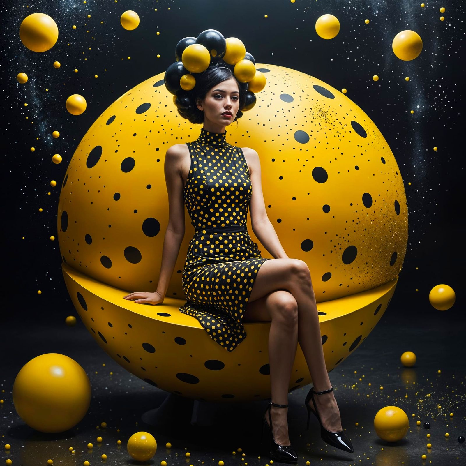 A surreal fashion scene featuring a glamorous woman in a bla...