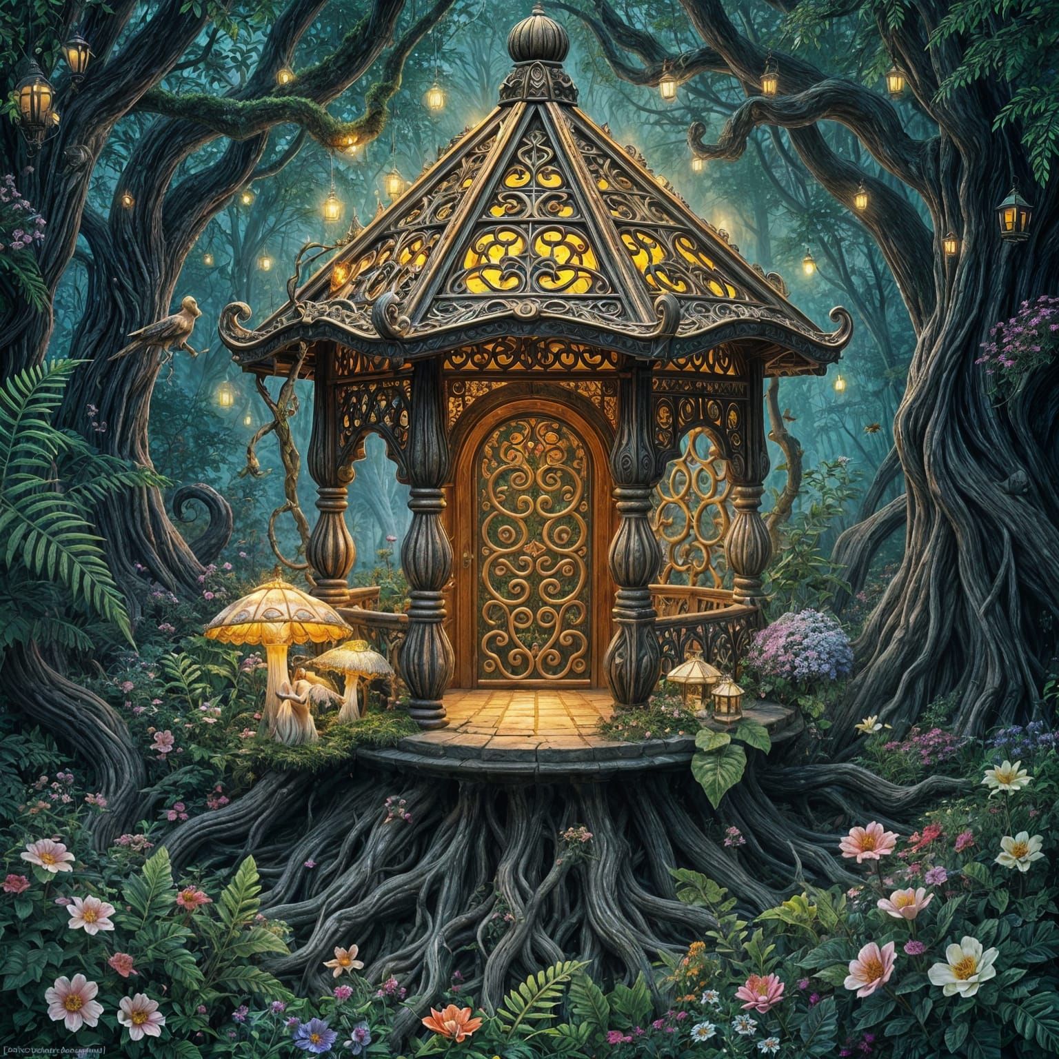 Whimsical Fantasy Gazebo in Enchanted Landscape