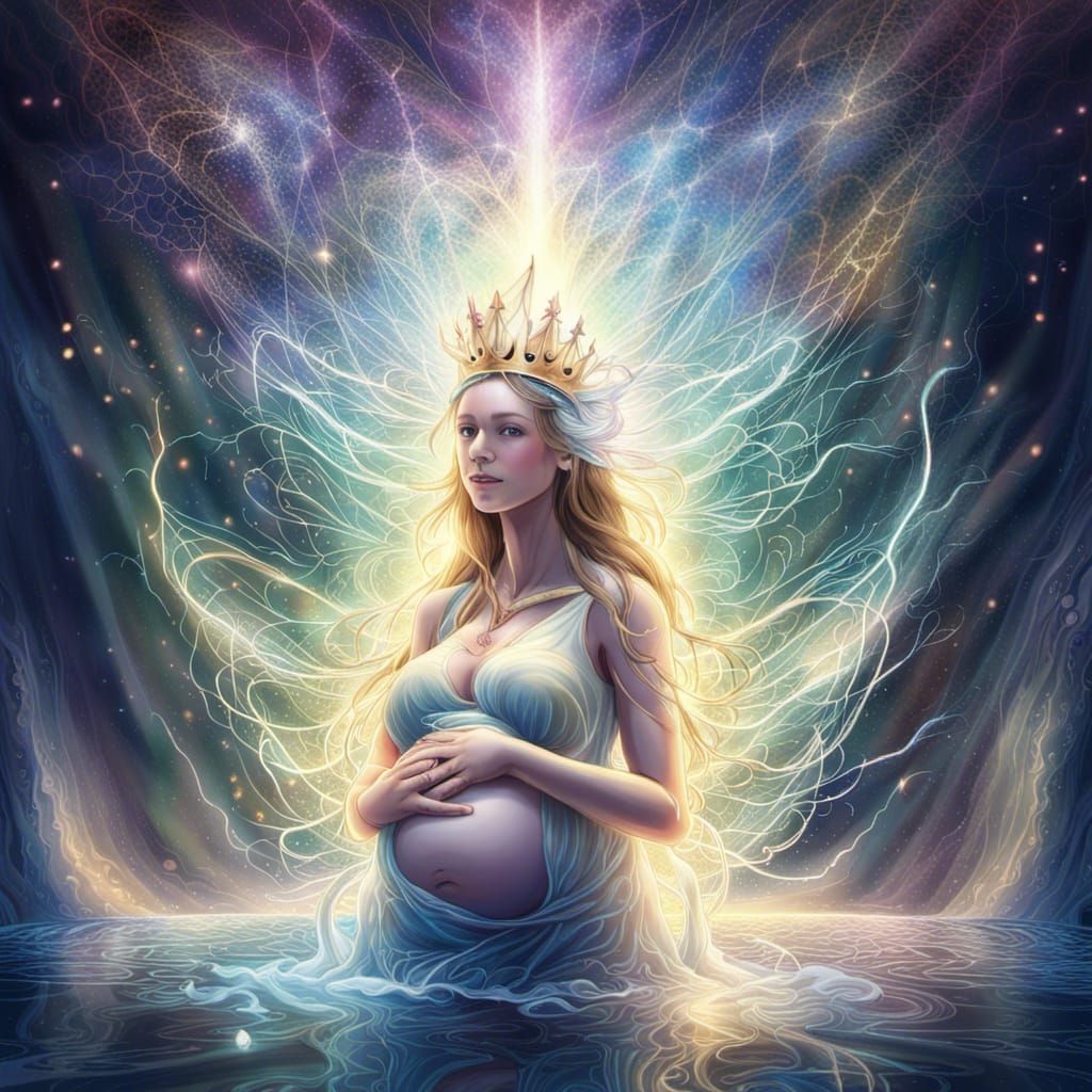 Radiant Fairy Goddess Holding Baby: Splatter Art