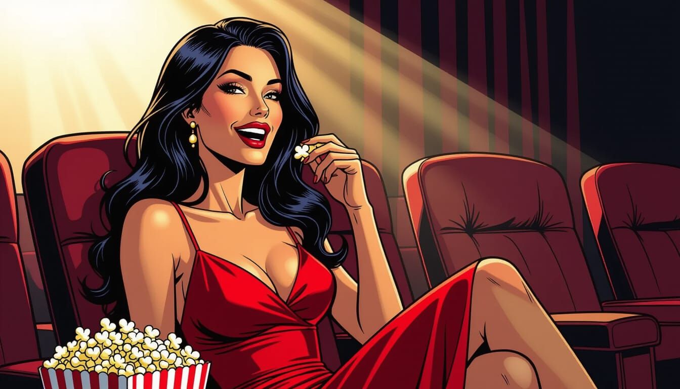 Beautiful Woman Enjoys Popcorn at Movie Theater