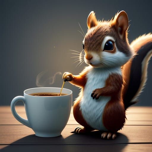 Vibrant Squirrel Coffee Break in Whimsical 3D Art