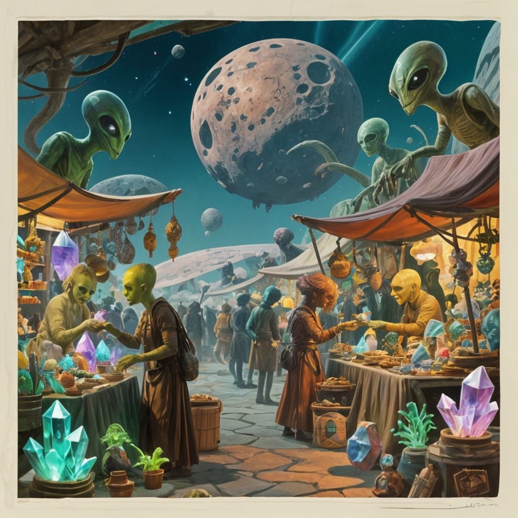 Alien Marketplace on Asteroid in Rockwell Style