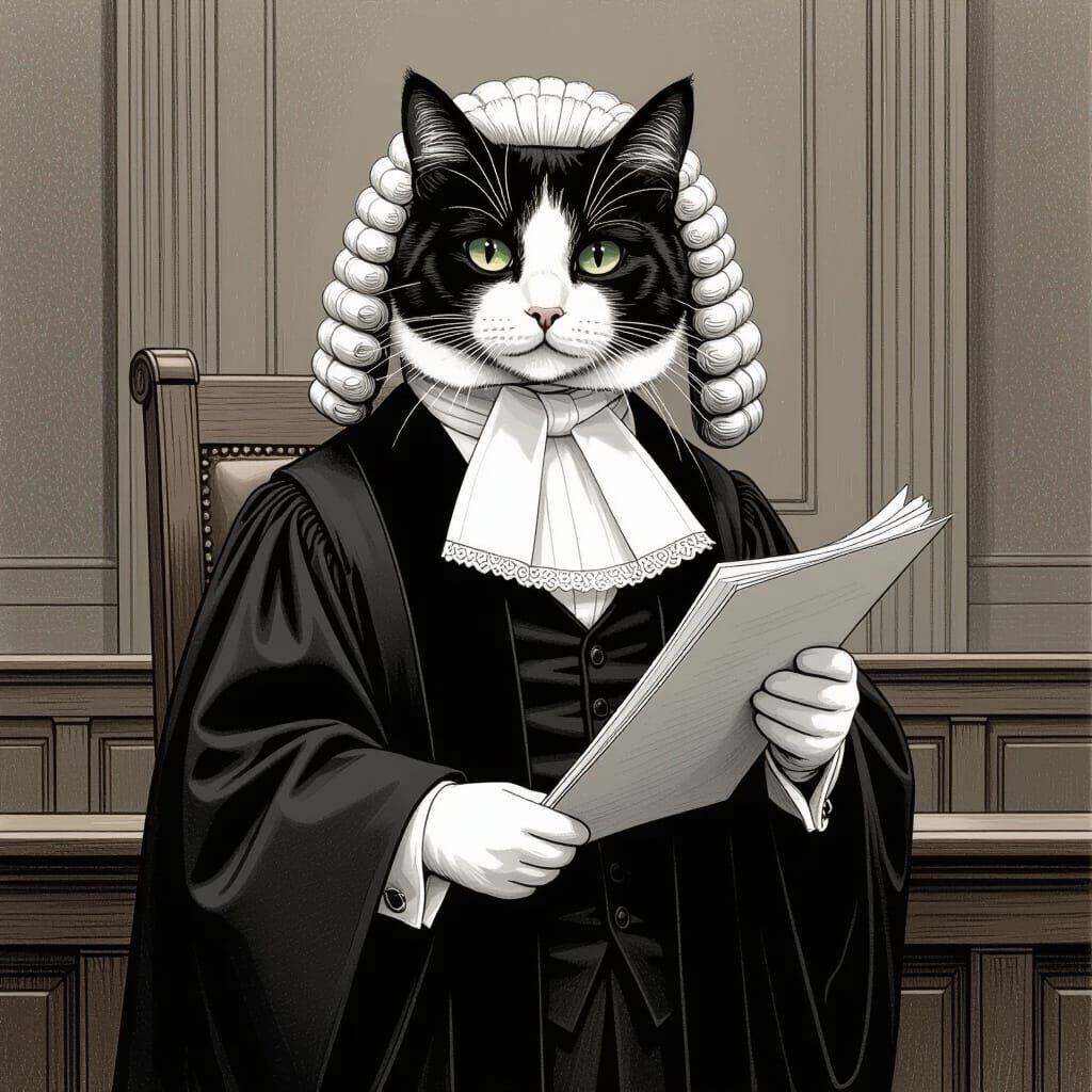 Tuxedo Cat Barrister in Courtroom Illustration