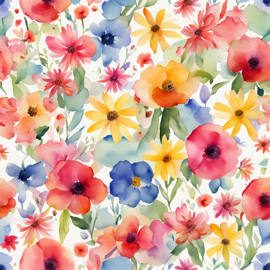 Watercolor Business District Bursting with Flowers