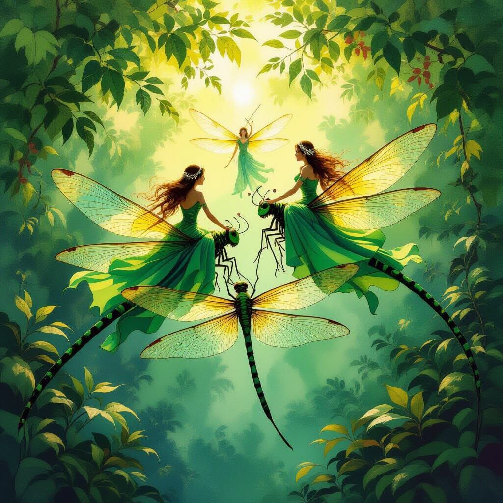 Goddesses Ride Giant Dragonflies in Ethereal Grove