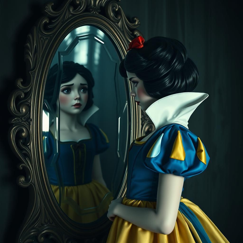 Snow White Gazing at Eerie Reflection, Digital Art