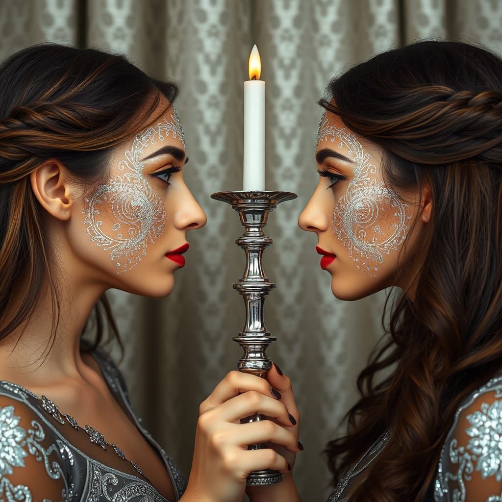 Two Women in Elegant Symmetry, Faces Illuminated by Intricat...