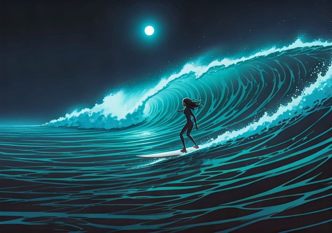 Moonlit Surf: Bioluminescent Waves in Comic Book Style