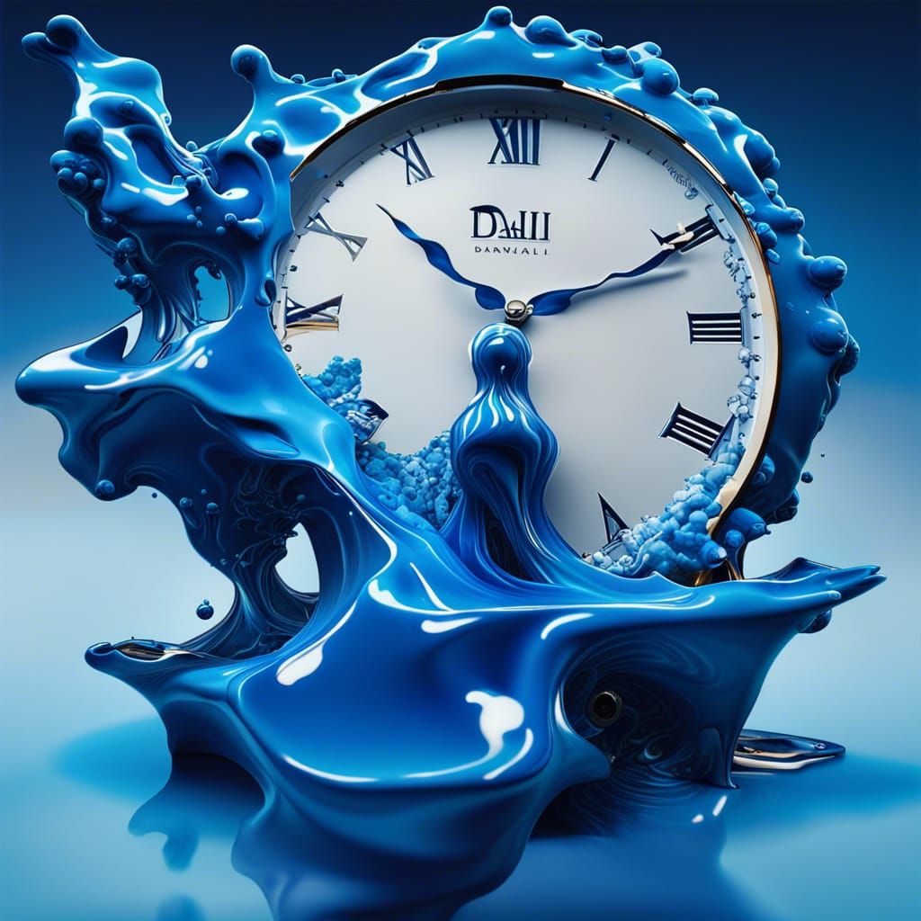 Surreal Blue Landscape with Melting Clocks