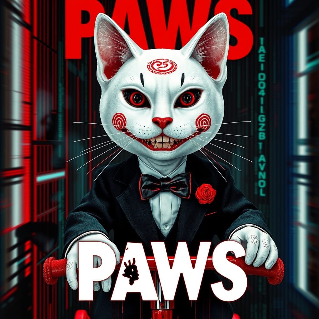 Menacing Glitch Cat Puppet in Sinister Digital Art