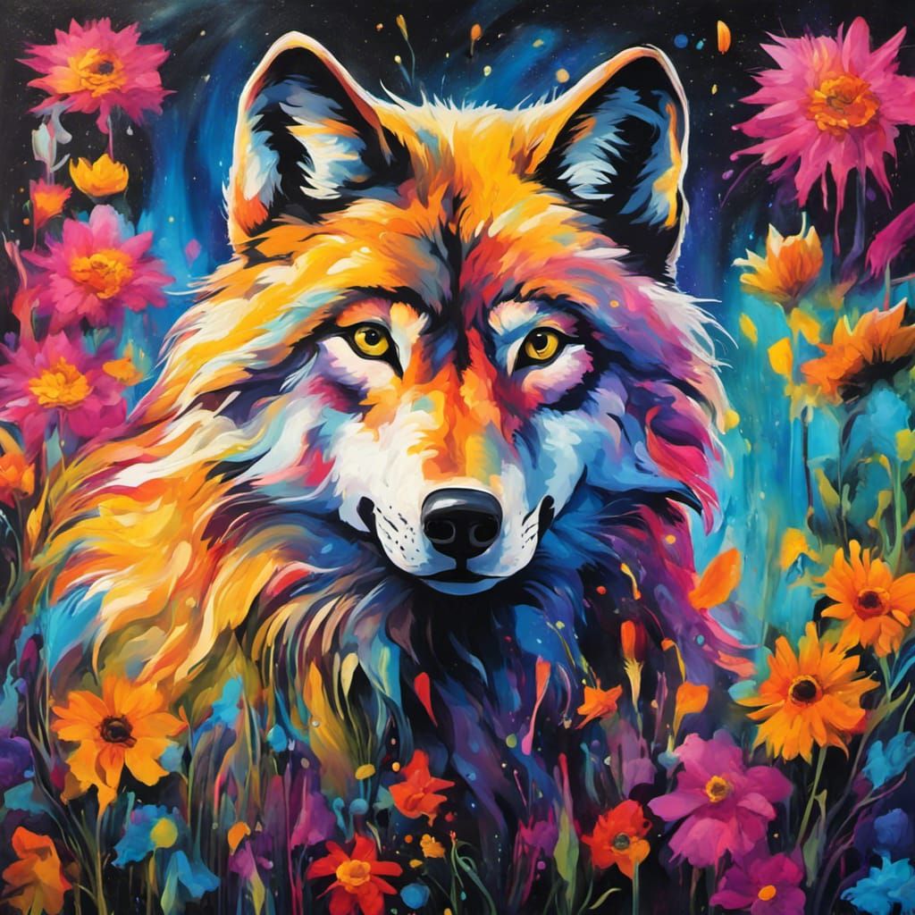 Wolf with Golden Mane in Graffiti Art Style