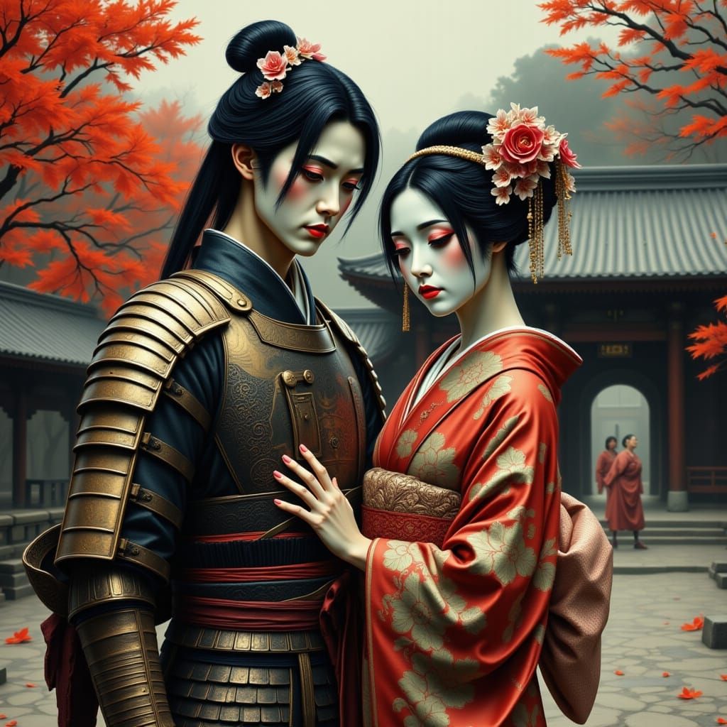 Samurai and Geisha Before Ancient Japanese Temple