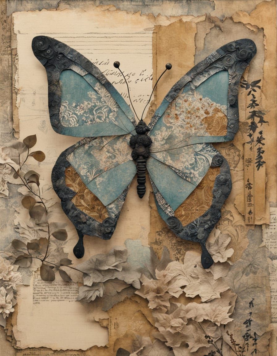 Exquisite Oriental Butterfly in Antique Kanji Collage
