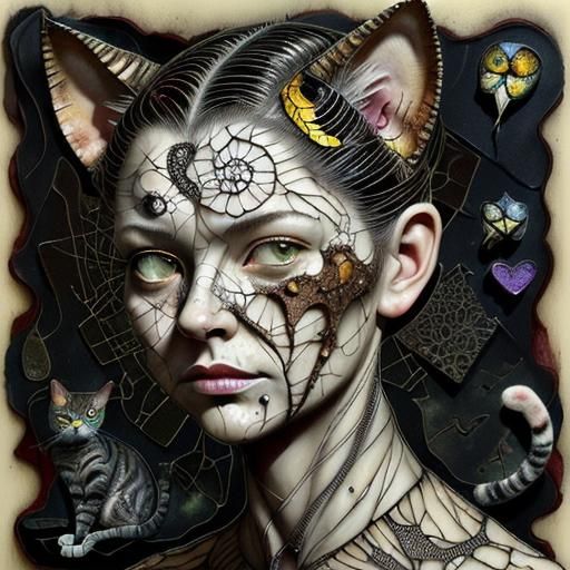 Surreal Cat Portrait in Mixed Media Style