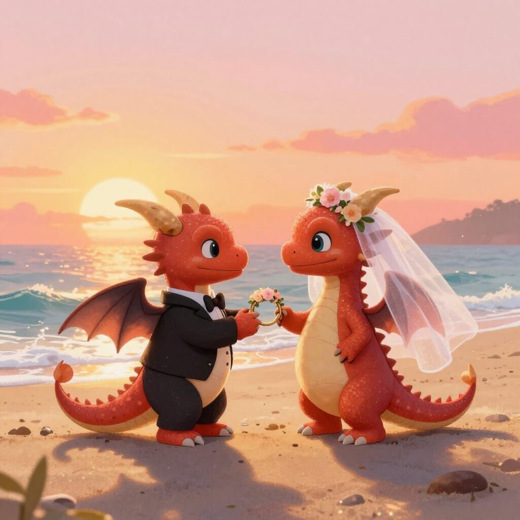 2 baby dragons getting married at the beach