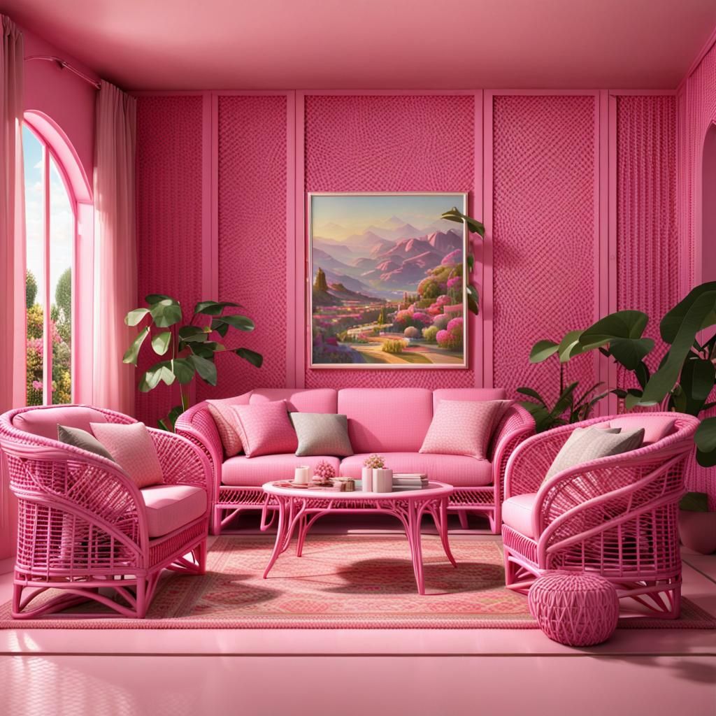Pink Wicker Living Room: Hyperdetailed Masterpiece