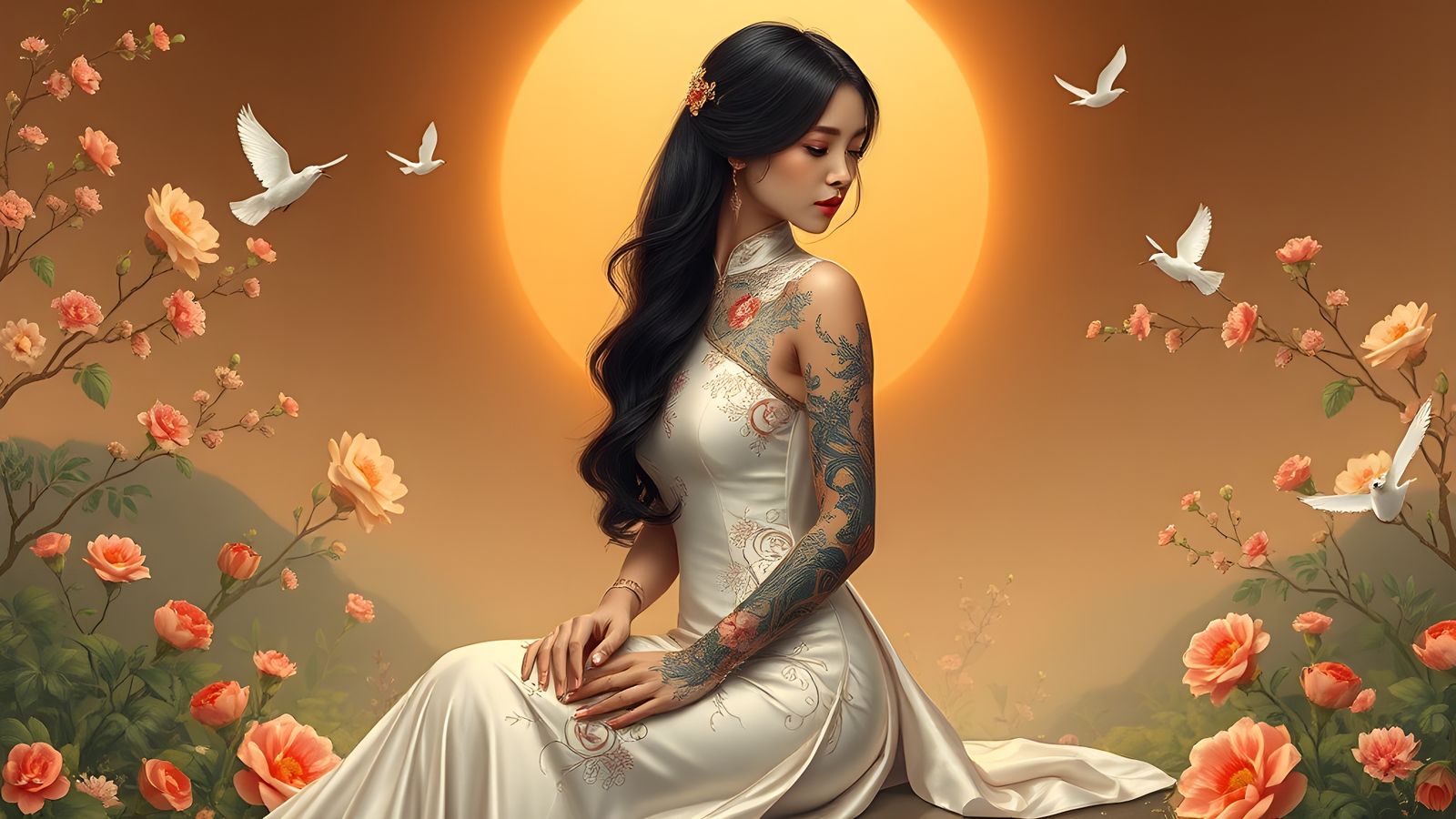 Elegant Woman with Tattoos in Fantasy Setting