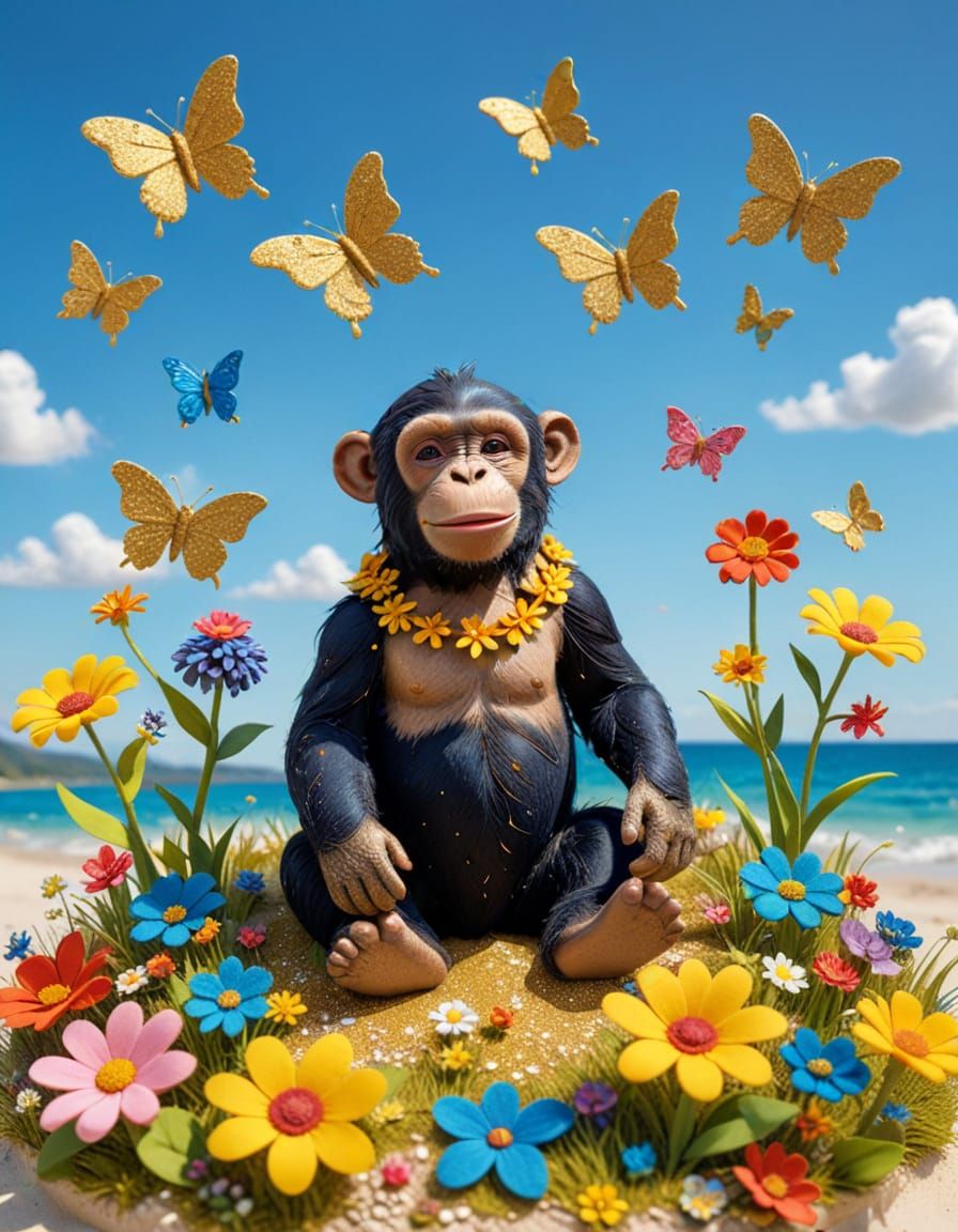 Felt Art Chimpanzee Enjoys Colorful Beach Holiday
