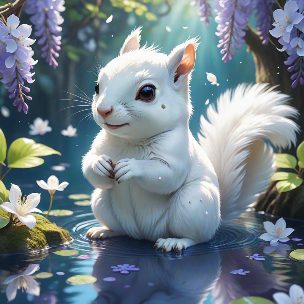 Dreamy Squirrel Fairy on Wisteria, 3D Anime Art