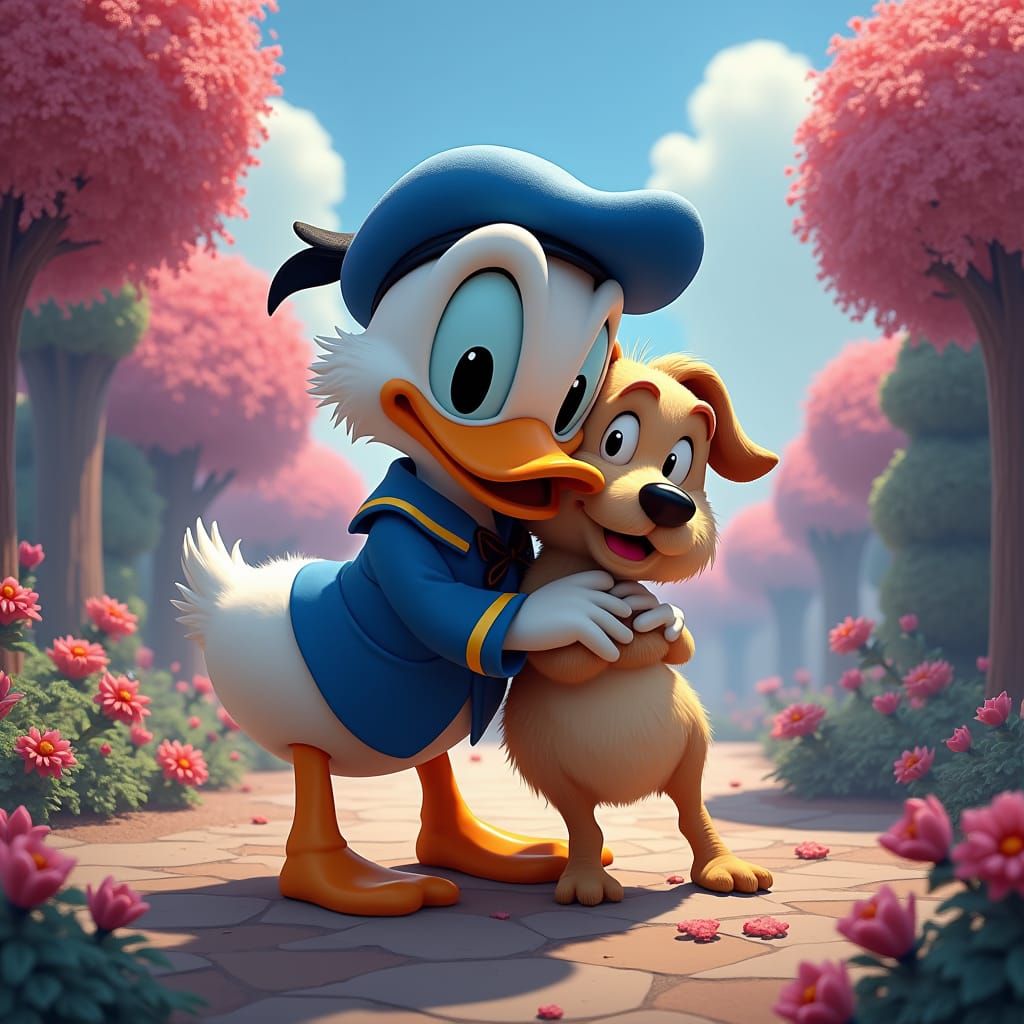 Donald Duck Hugging Dog in Dreamlike Fantasy Art