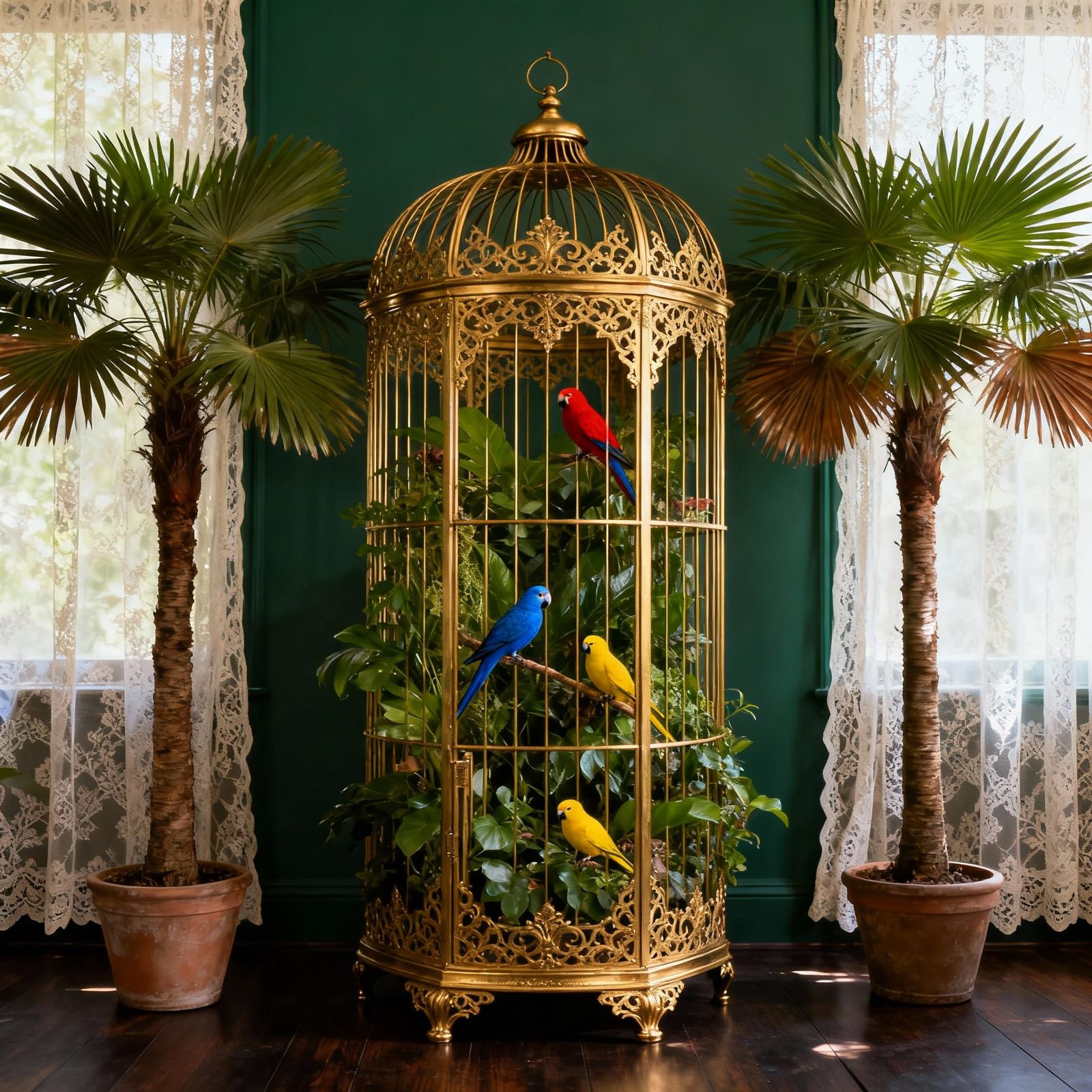 Ornate Gilded Victorian Birdcage with Lush Foliage and Birds