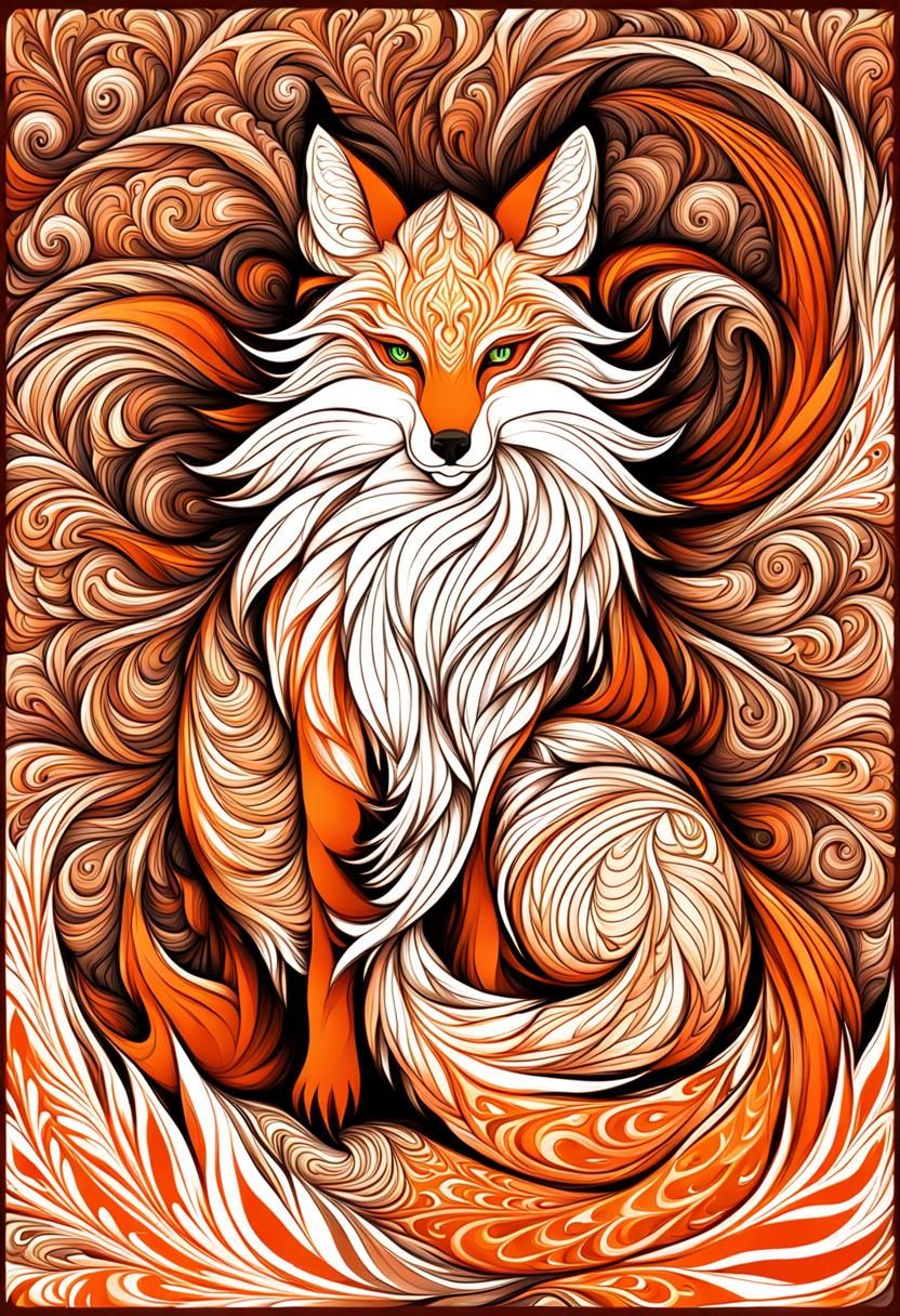 Nine-Tailed Fox with Abstract Fractal Design