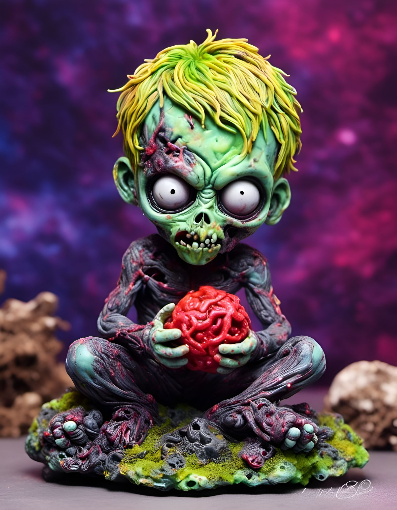 Cute Zombie Enjoying a Brain, Alcohol Ink Style