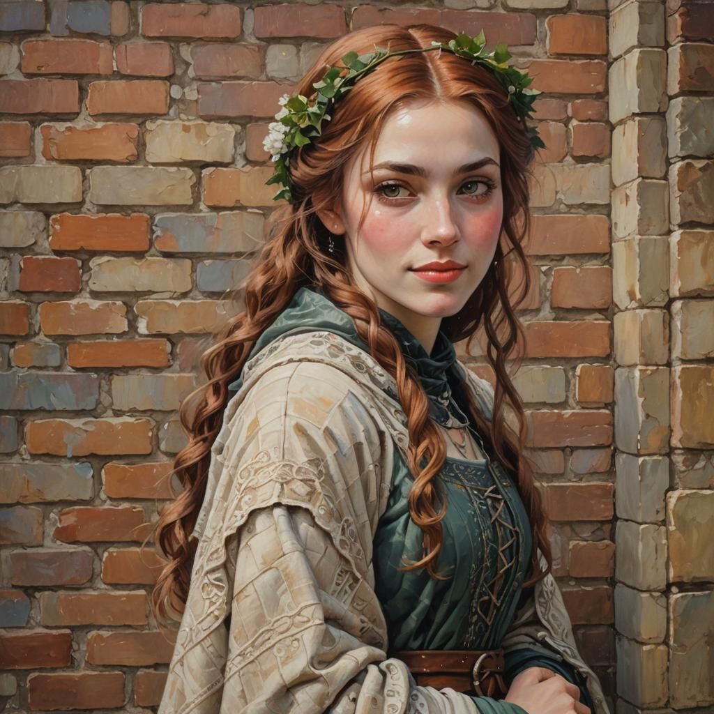 Medieval Lady in Courtyard: Oil Painting Portrait