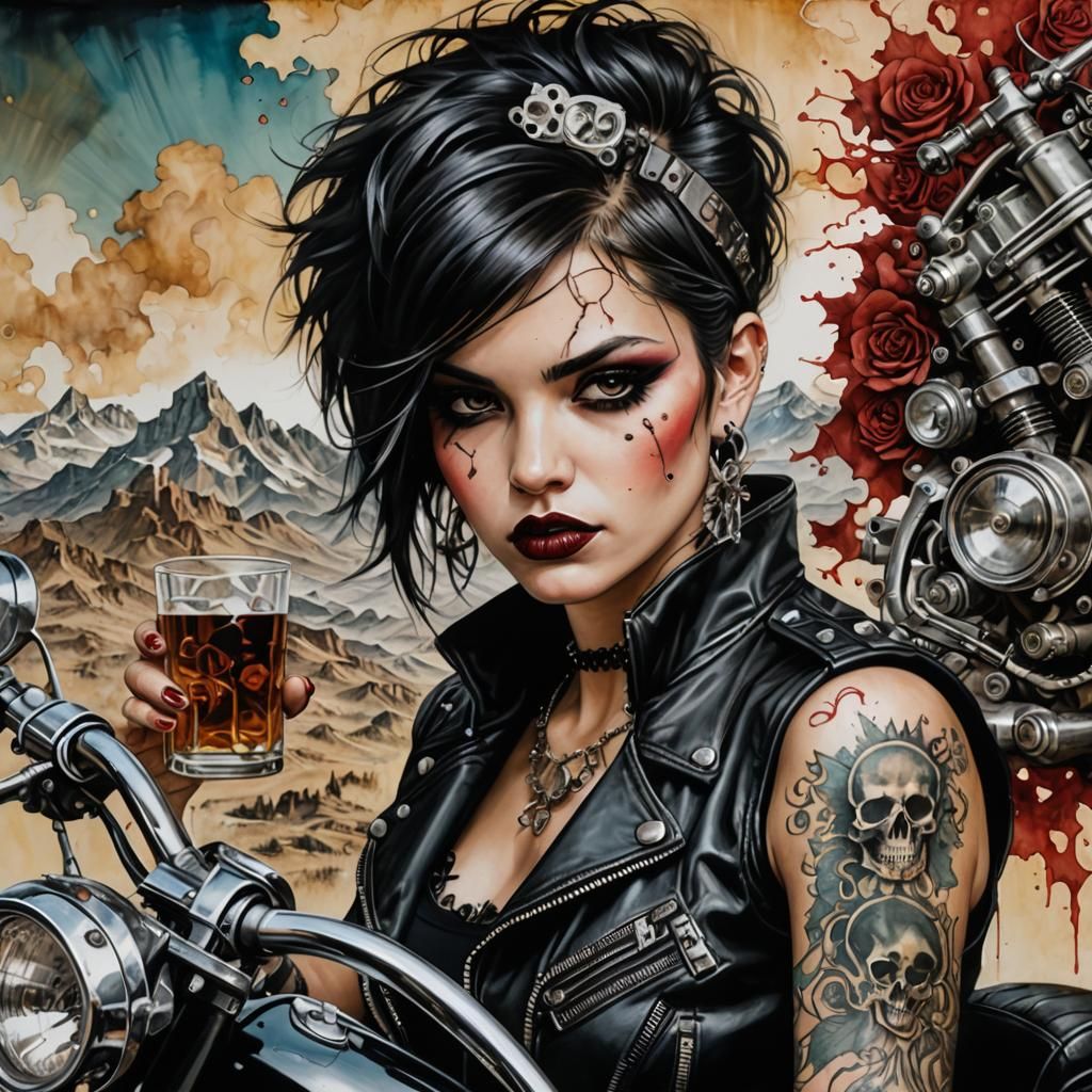 Punk Debutante on Motorcycle with Fractal Art