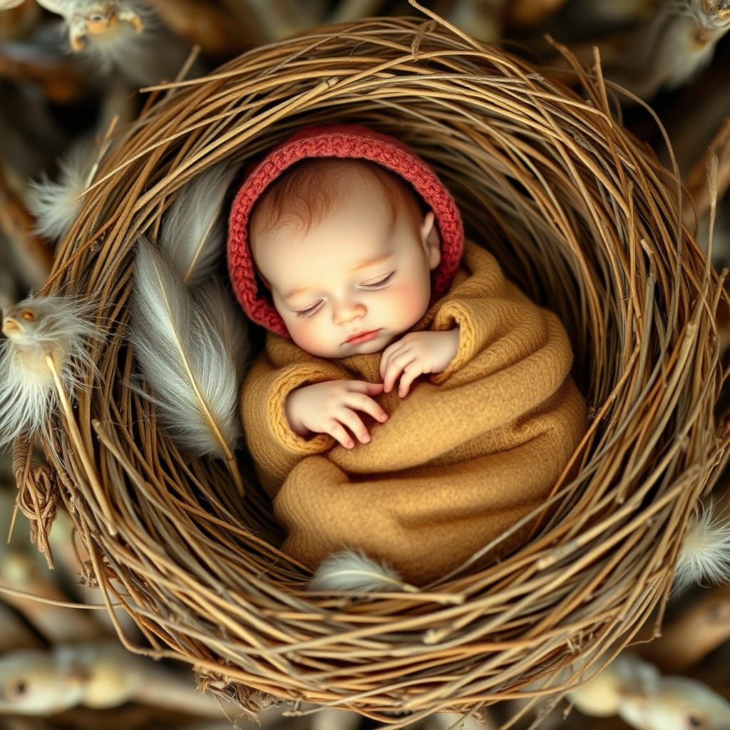 Whimsical Baby in Bird's Nest, Illustrated Style