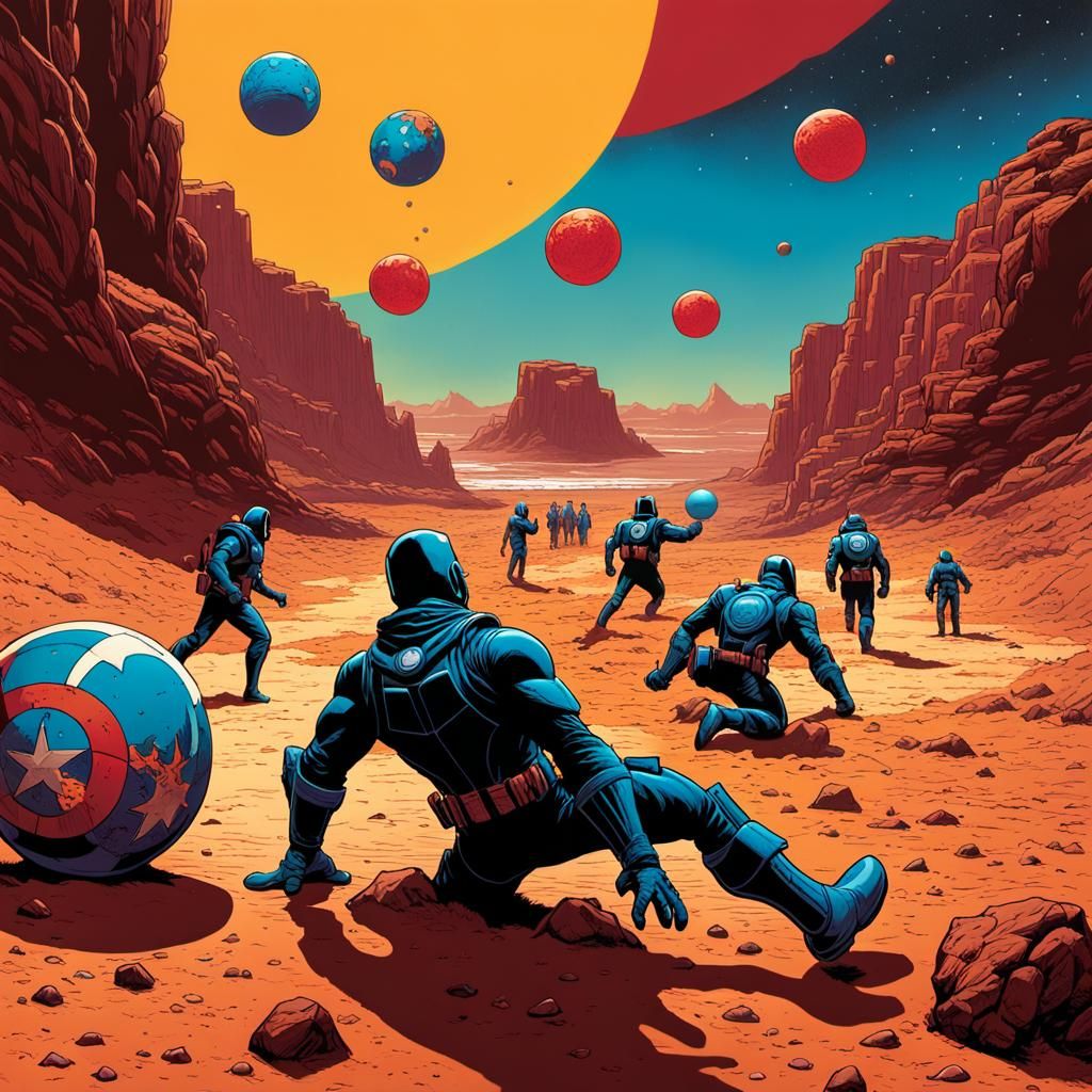 Superheros vacation on the mars, throwing beach-balls by Mike Mignola Mark Brooks and Dan Mumford, comic book art, perfe...