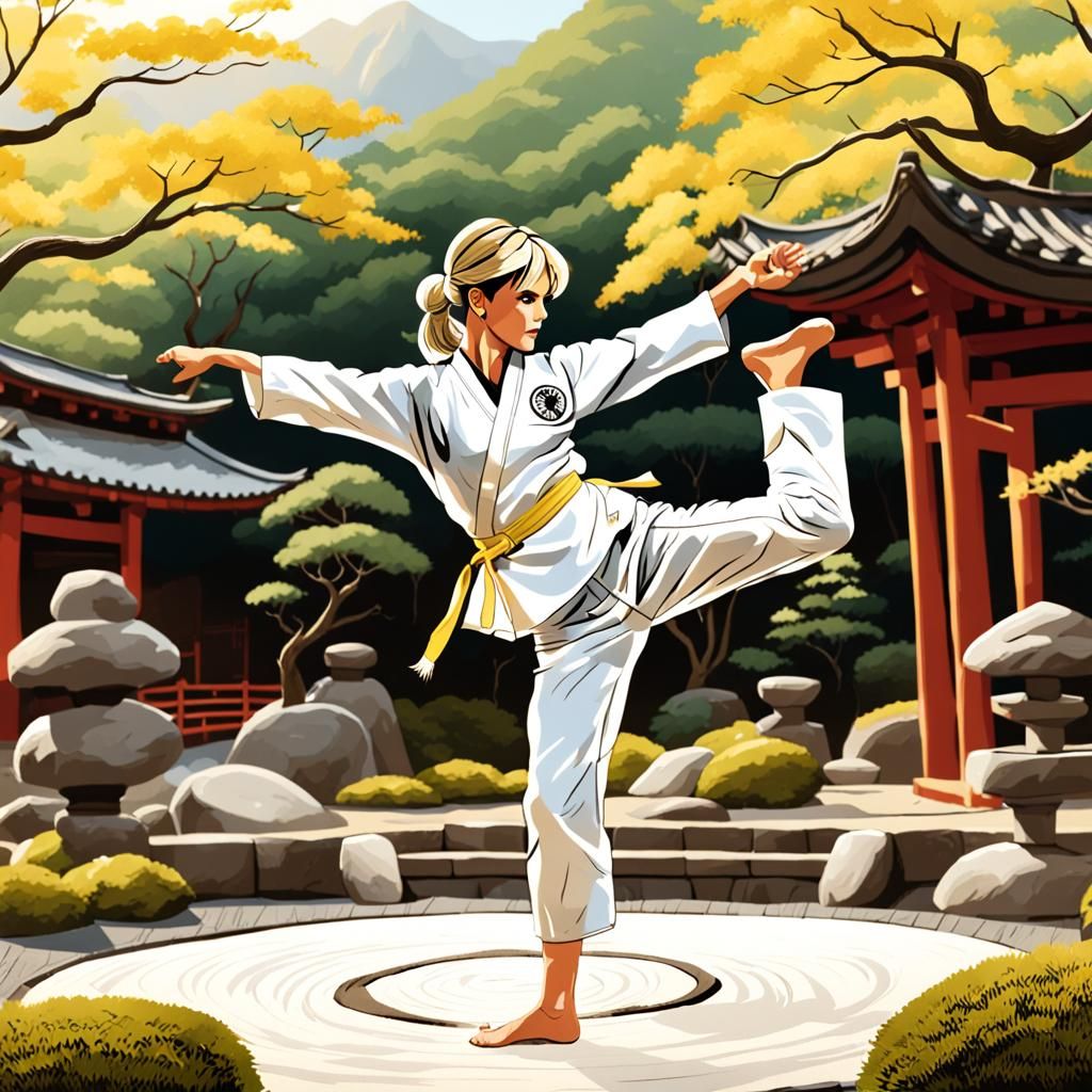 Samantha LaRusso from "Cobra Kai" in her white Miyagi-Do gi doing a high kick in a zen garden. extra limbs