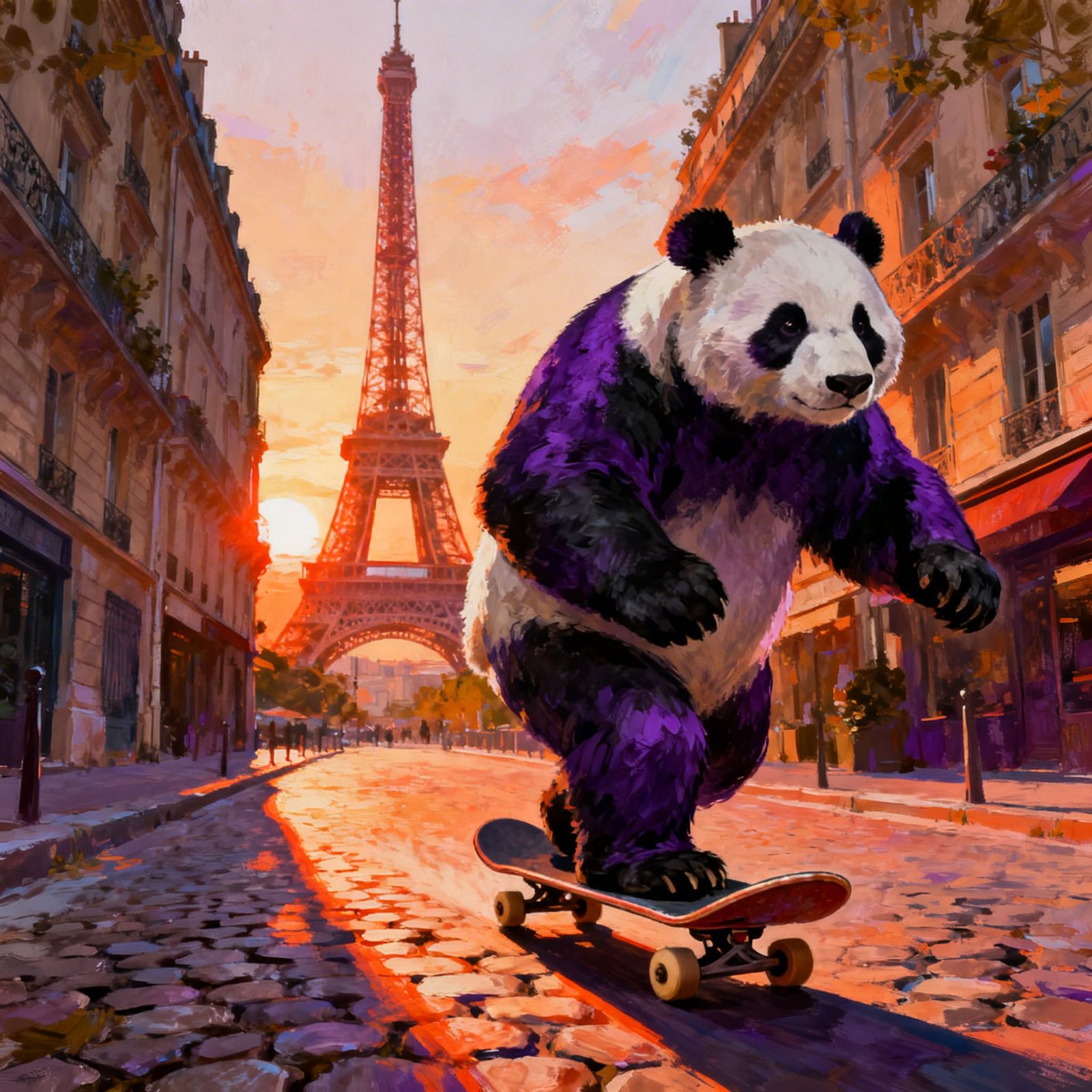 Purple Panda Skates Past Eiffel Tower in Paris