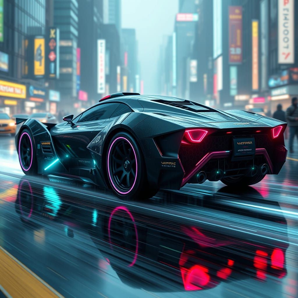 Cyberpunk Spaceship-Car Dominates Rain-Soaked Cityscape with...