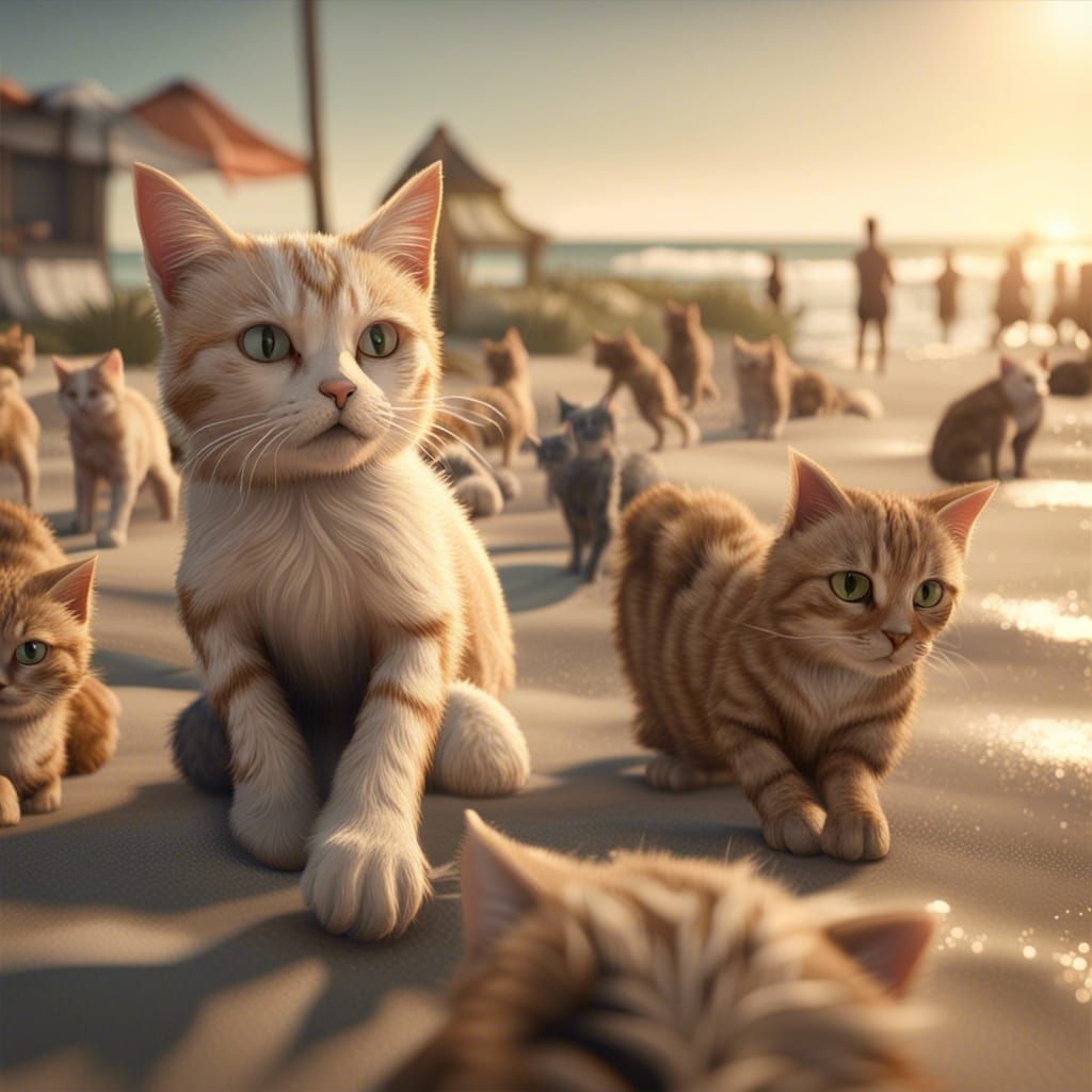 Person and Cats at the Beach in 3D Style