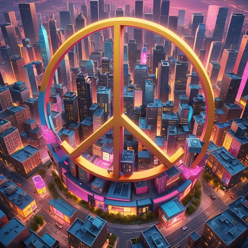 Futuristic Cityscape with Peace and Love, Pixar-style