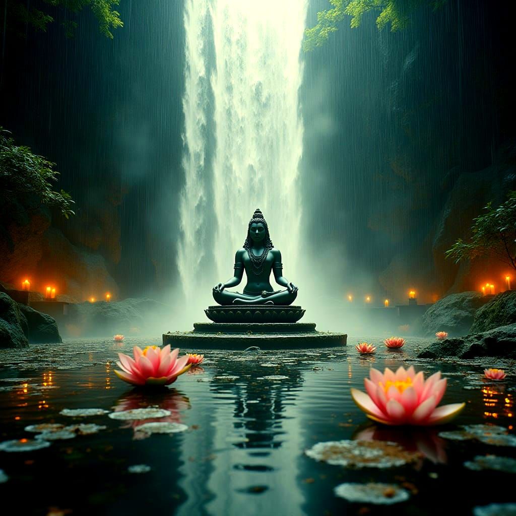 Surreal Shiva Linggam in Glass Temple Amidst Waterfall and B...