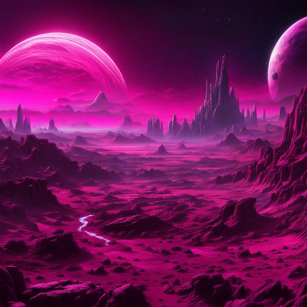 Magenta Alien World at Night: Digital Matte Painting