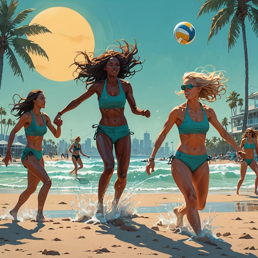 Dynamic Beach Volleyball Scene in Digital Matte Painting Sty...