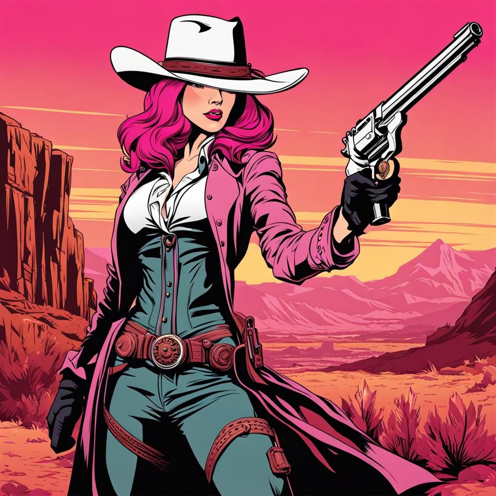 Pink-Haired Gunslinger in Cel-Shaded Western Scene