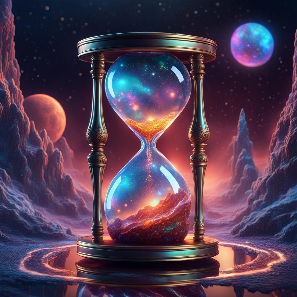 Holographic Cosmic Hourglass in Astral Illustration Style