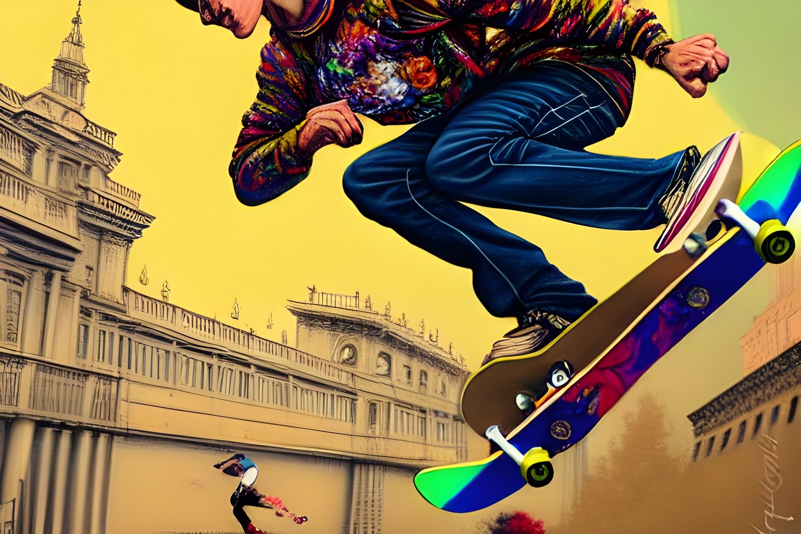 Tony Hawk Skateboarding with Rococo Floral Elements