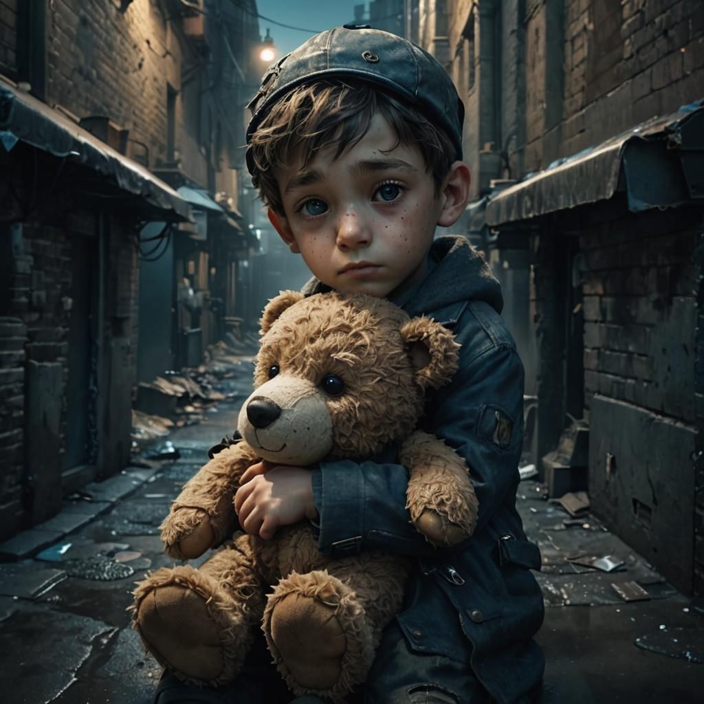 Sad Boy with Teddy Bear in Dystopian Alley