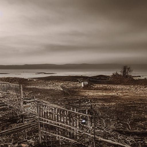 Post-Apocalyptic Landscape with Iron Towers and Broken Spher...