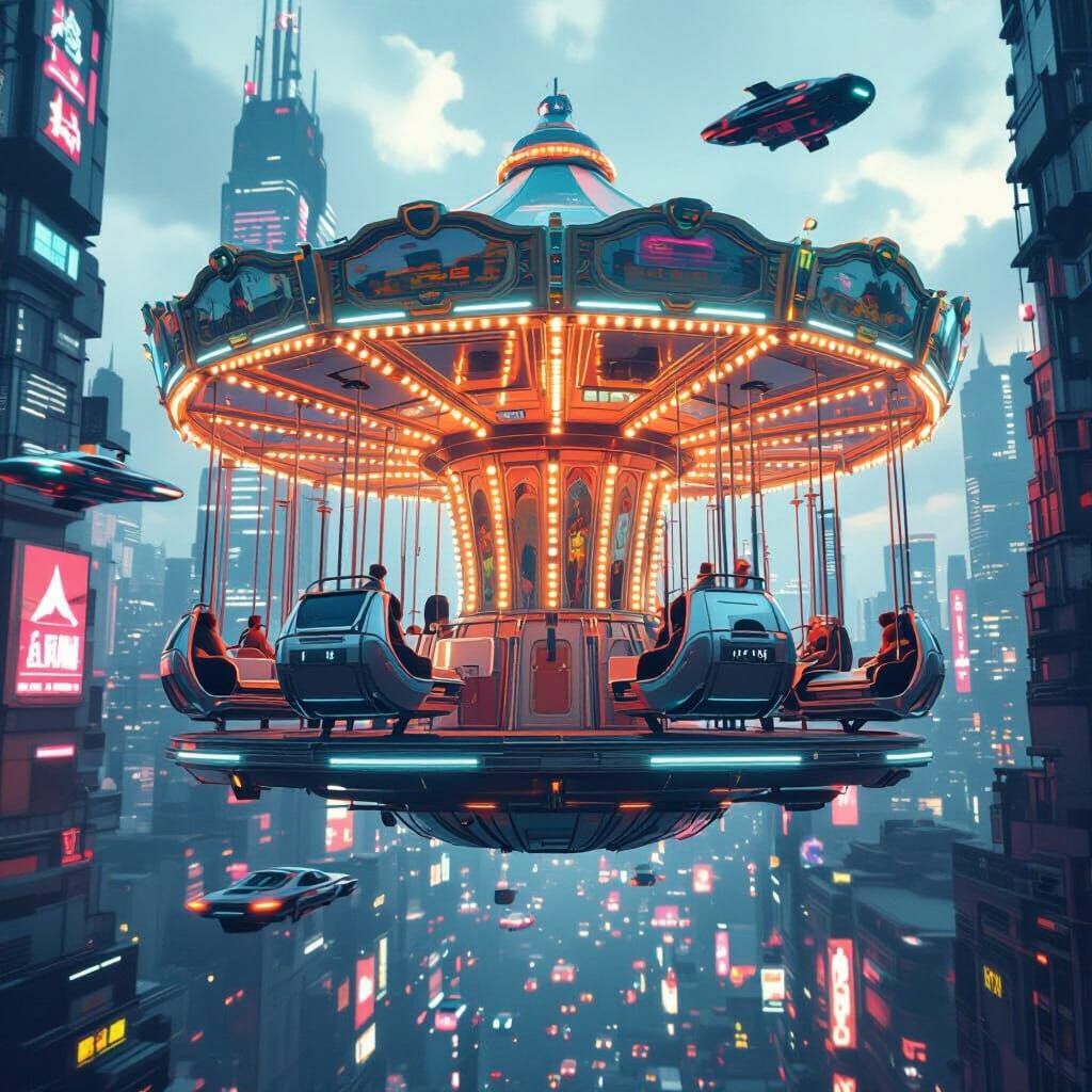 Retro-Futuristic Carousel Above Cyberpunk Cityscape