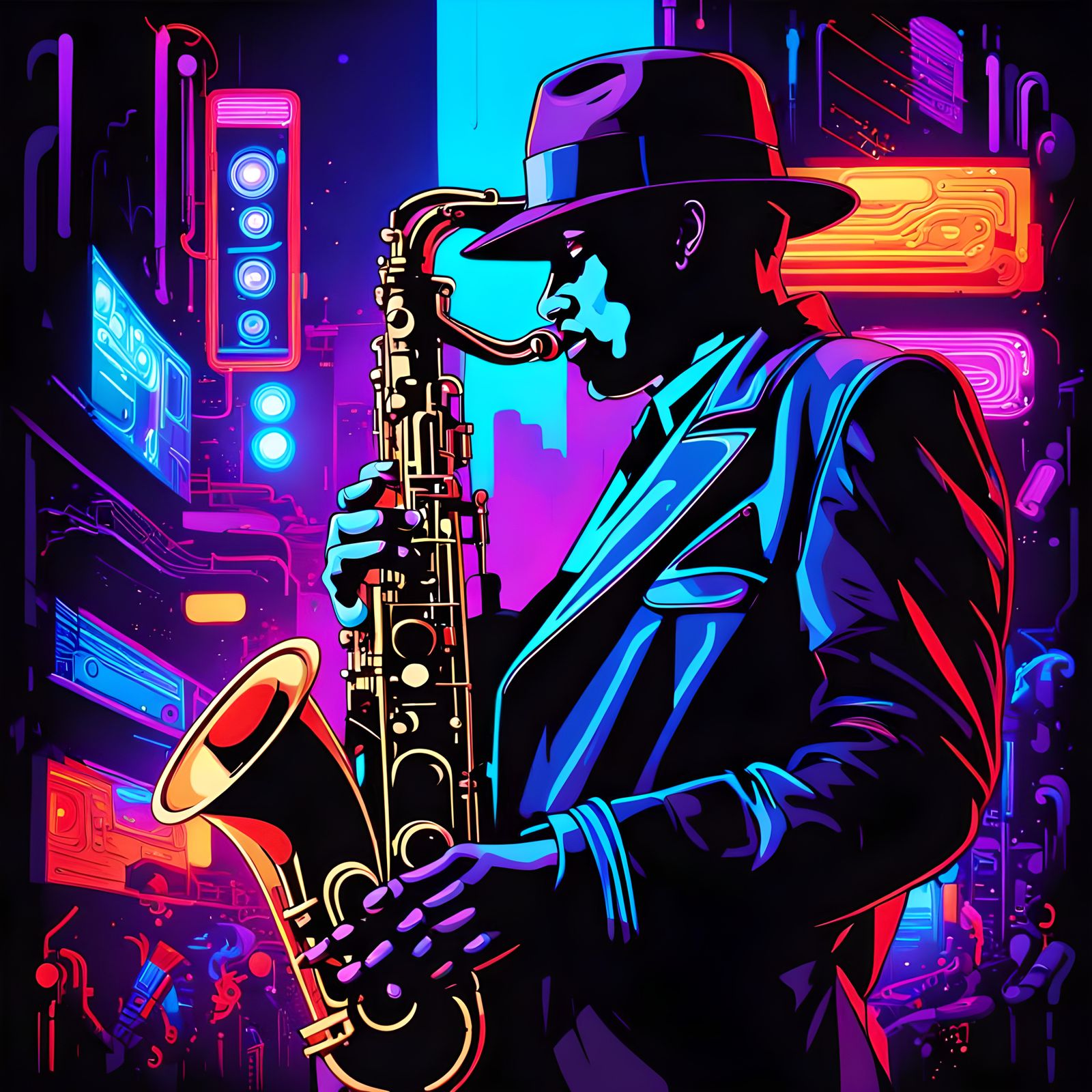Cyberpunk Saxophonist Plays Jazz in Neon City