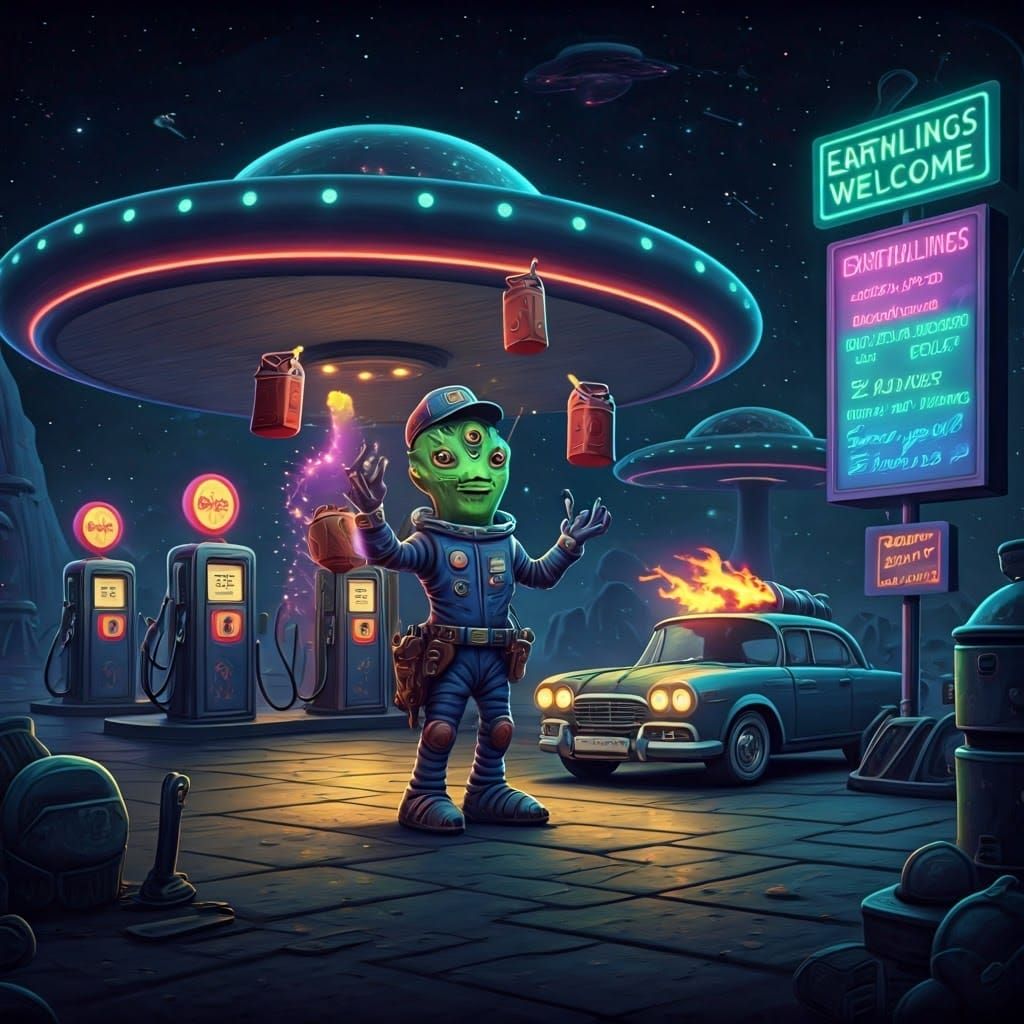 Intergalactic Gas Station with Comical Alien Attendant