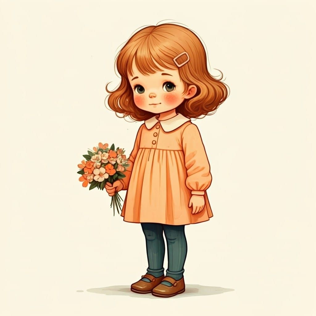 Whimsical Girl with Flowers Watercolor Illustration